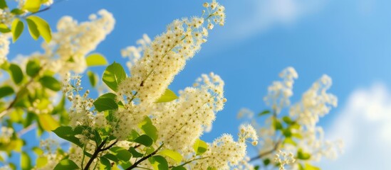 Sticker - Blooming white flowered tree with lush green leaves in a serene garden