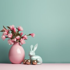 Wall Mural - vertical Easter composition with vase, flowers, rabbit  and golden eggs on a turquoise background