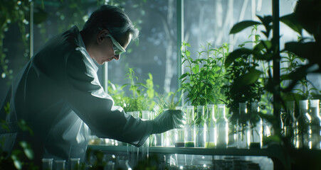 Poster - scientist in lab with tissue tubes holding plants