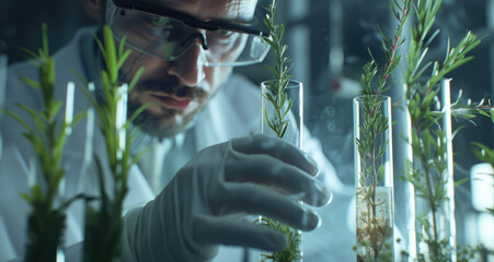 Poster - scientist in lab with tissue tubes holding plants