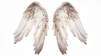 Wall Mural - White angel wings spread wide opened with detailed feather angel wings isolated on white, Wings over white, front view, A white angel wing , realistic angel wings isolated on  background