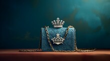 A Luxurious Velvet Shoulder Bag For Women, Opulent Craftsmanship, And An Ornate Jeweled Clasp, Mockup, Positioned Against A Matte Clay Backdrop