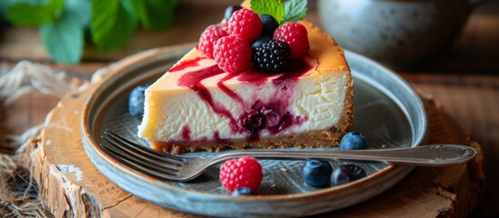 Wall Mural - Delicious homemade cheese cake with fresh assorted berries and raspberries on top of creamy filling