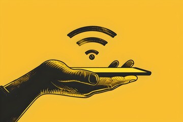 Poster - Graphic illustration of a hand holding a smartphone with wireless signal. modern technology concept. perfect for connectivity themes. Graphic. AI