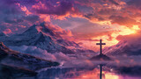Fototapeta Most - cross for easter background in high snow capped mountains in most beautiful multicolored sky - AI Generated