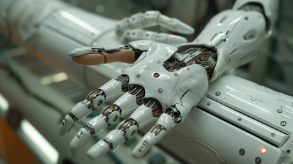 Canvas Print - artificial intelligence technology white robot arm Production and image quality control of electronic components Including the production process and assembly. in electronic parts factories