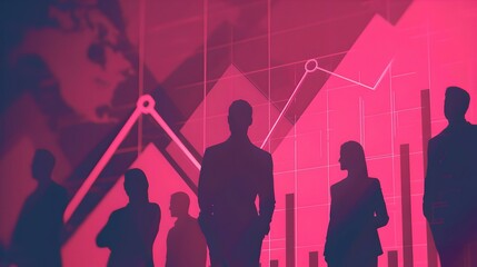 Poster - Corporate team silhouettes over graph background portraying business growth and success. vibrant abstract design for financial concepts. AI