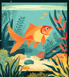 Goldfish swimming in an aquarium with algae. Illustration for children's books, posters,postcards.