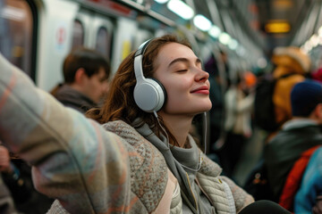 Sticker - Young beautiful woman with headphones listening to relaxed music in a crowd of people traveling by train or subway