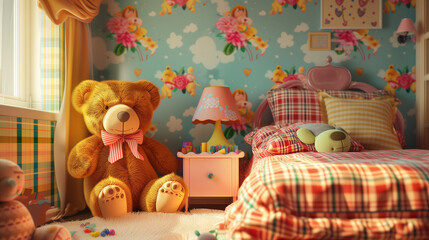 Toys for children, teddy bear on the bed, toys on the floor, fluffy brown teddy bear surrounded by love and joy