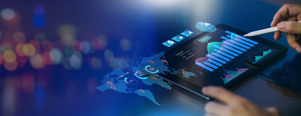 Wall Mural - Data analysis of digital financial technology business and economic statistics growth graph. Concept of virtual dashboard technology digital marketing and global economy network connection.