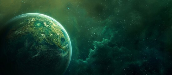 Sticker - Enigmatic green planet surrounded by a mysterious dark green nebula in outer space