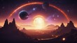 sunrise over the mountains exploding star near black hole, Cartoon alien fantastic landscape with moons and planets  