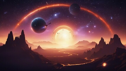 Wall Mural - sunrise over the mountains exploding star near black hole, Cartoon alien fantastic landscape with moons and planets  