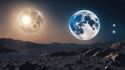 Wall Mural - two moon over the mountains _A shiny silver moons with a metallic surface and craters. The moon is orbiting a blue and white planet 