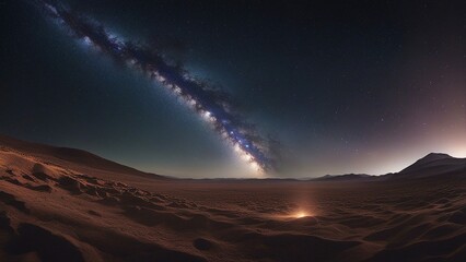 Wall Mural - sunrise over the mountains a stunning view of the night sky in a desert. The Milky Way galaxy is clearly visible, with its bright band of stars and dust stretching across the horizon. 