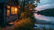 Tranquil Scene of Illuminated Cabin by Forest Lake at Dusk