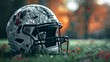 Monochrome Helmet with Fiery Background - A monochrome  American football helmet stands out against a backdrop of fiery bokeh, symbolizing the passion of the sport.