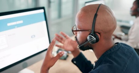 Aufkleber - Call center, businessman and screen with communication and telemarketing for customer service and headset. Consultant, black man and helpdesk operator with desktop, microphone and crm support at work