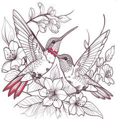 Wall Mural - black and white hummingbird and flowers tattoo design