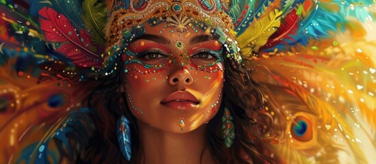 Portrait of a beautiful woman adorned with colorful feathers and headpiece