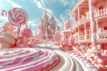 Cartoon Fantasy Candy Land Landscape Gingerbread Houses, Ice Cream Trees And Milk River