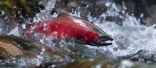 Sticker - A colorful fish leaps high above the water on a sunny day