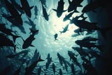 Silhouette Of Fishes And People In An Underwater Ocean World