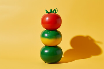 three tomatoes on yellow background on top of each ot