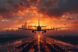 Fototapeta  - Passenger plane lands on the airport runway amid a beautiful sunset. Modern city silhouette on the background