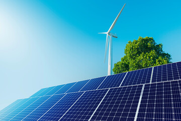 Wall Mural - solar panels with wind turbines in blue sky. concept of clean energy. energy supply, wind turbine, e