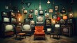 imagine vintage televisions designed in the 1920s end 1930s, sitting in a room full of them