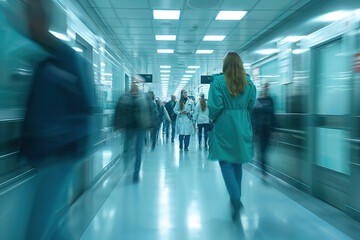 Emergency Department: Doctors, Nurses and Paramedics Run Blurred motion in busy hospital corridor, copy space.