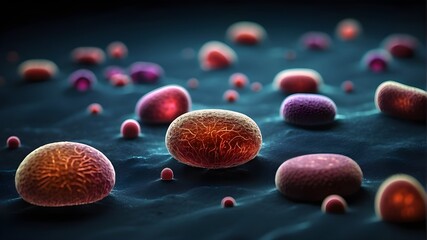 Isolated bacteria, microorganisms, or cell model against a dark backdrop,