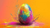 Fototapeta Tęcza - easter egg in a color explosion or splash on orange background 