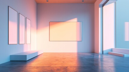 Poster - Minimalistic gallery interior with empty poster on wall. Mock up