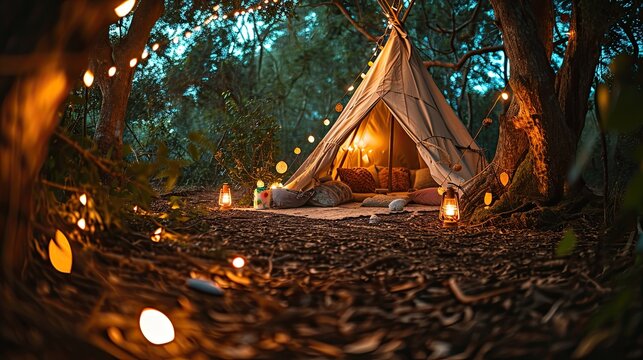 Canvas teepee, surrounded by colorful lanterns and scatter cushions, concept magical night under the stars