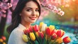 Portret młodej kobiety z bukietem tulipanów. W tle kwitnące drzewo. Dzień kobiet, wiosenne tło