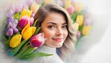 Fototapeta Tulipany - Kobieta z tulipanami. Dzień Kobiet