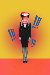 Poster - Vertical collage creative poster monochrome effect caricature headless woman boss scream exclamation colorful background