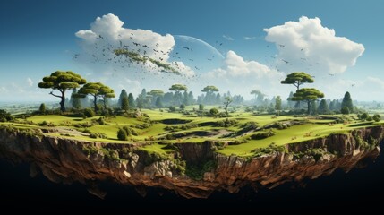 Poster - The grass is floating, with soil on one side and a cloudy sky on the other. 3D rendered, a grass field with clouds flying in the air.