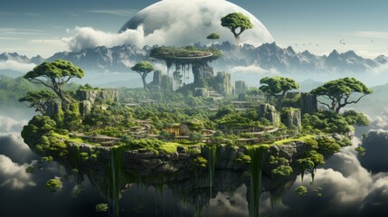 Poster - Floating island with waterfalls, green grass, trees, mountains. A forest island surrounded by clouds with beautiful scenery. 3D illustration.