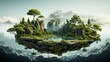 Isolated floating island with waterfalls, trees, green grass, river. Surrealism of flying island with waterfalls and trees, landscape.