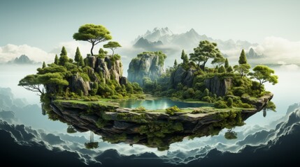 Sticker - Isolated floating island with waterfalls, trees, green grass, river. Surrealism of flying island with waterfalls and trees, landscape.