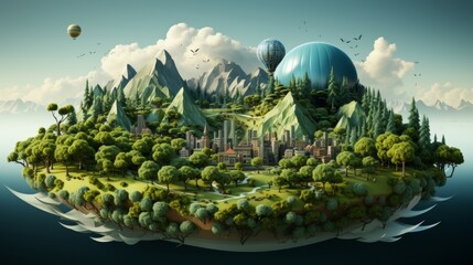 Poster - Earth globe isolated with green island. Illustration of floating fantasy island with plant earth globe. Advertisement for travel and holidays.