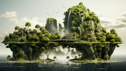 Poster - This is a floating island with water, trees, green grass, and a river. It is isolated on a white background. It is surreal and surrealistic.