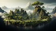 A floating island with a beautiful landscape, green grass, waterfalls, and mountains, and a white background. It is depicted as a 3D illustration of a floating forest island.