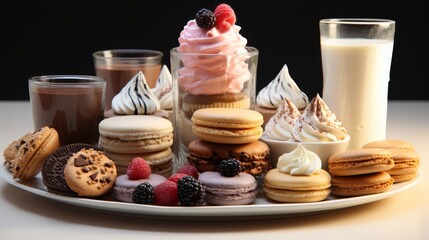Poster - A close-up of sweets and desserts from a bakery, isolated on a white background. Close-up of apple pie, chocolate chip cookies, cream puff, red velvet cake, cupcakes. Concept of bakery food set and