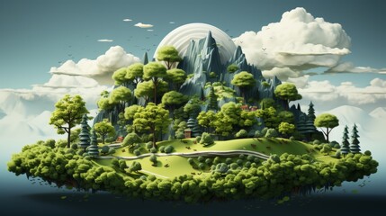 Sticker - This 3D illustration shows a green island forest isolated on a white background with trees, mountains, green grass, and clouds.