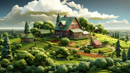 Poster - Isolated farm in 3D illustration with crops on a cutaway piece of land, surrounded by clouds. Isolated green farm 3D illustration, isometric design.